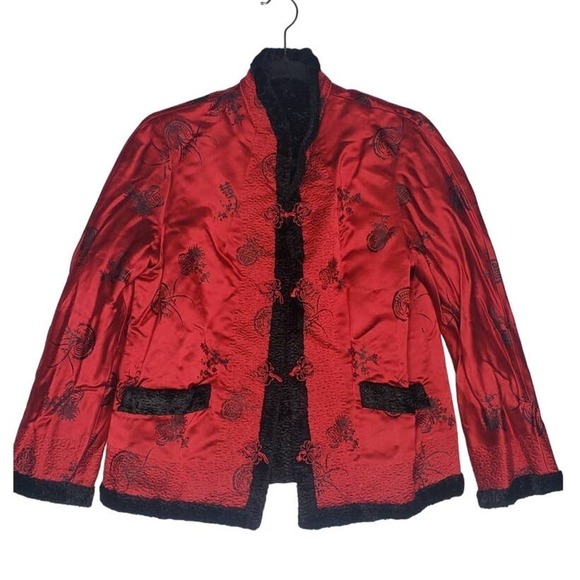 Vintage Red Satin Embroidered Asian Cheongsam Black Curly Lamb Short Coat Small - Picture 1 of 10